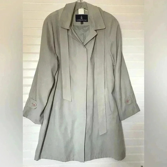 London Fog Suede Gray Trench Jacket with Hood & Belt Lightweight Size Large - Picture 1 of 12